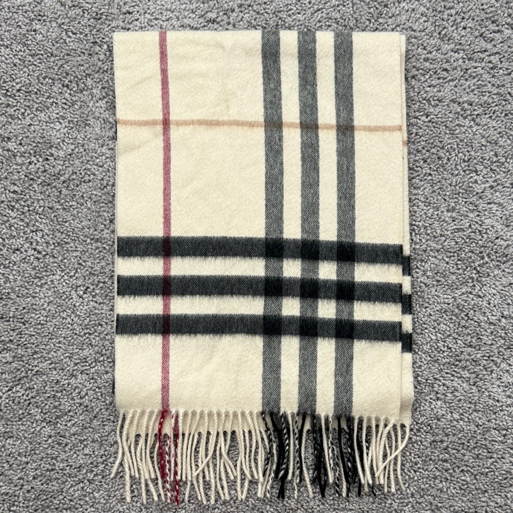 Authentic Burberry Ivory, Burgundy, and Black 100% Cashmere Scarf